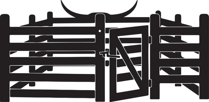 Black wooden farm fence with an open gate and cattle horns