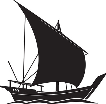 Black silhouette of a traditional dhow sailboat on the sea