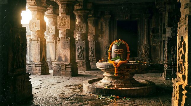 Sacred Shiva altar inside ancient temple with warm sunlight