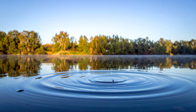 Gentle ripples across clear pond water with trees on the opposite bank and cool blue skies. Ai
