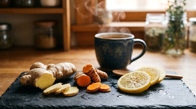 Herbal tea with ginger turmeric and lemon cozy wellness lifestyle concept