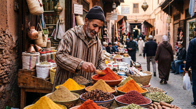 Spice vendor arranging colorful seasonings vibrant traditional street market cultural commerce concept