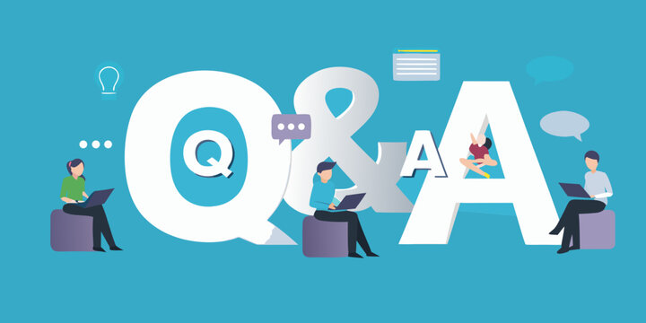 qa session with people using laptops and speech bubbles