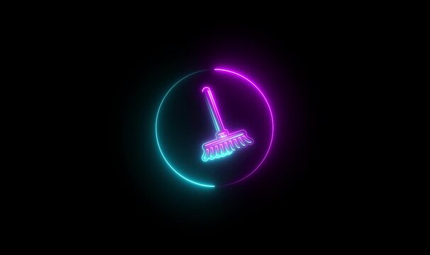 Glowing neon Paint brush line icon animation, painting, black outline, clearing circuit board, glowing neon rings, depth of field .