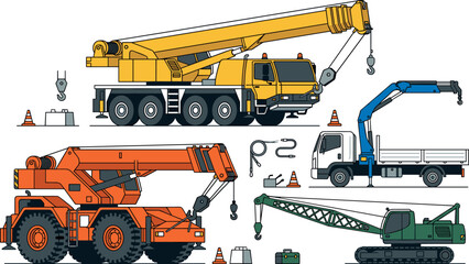 Heavy Crane Truck and Construction Machinery Vector Collection with Mobile Lifting Equipment, Industrial Vehicles, and Engineering Illustrations © Mostrenu
