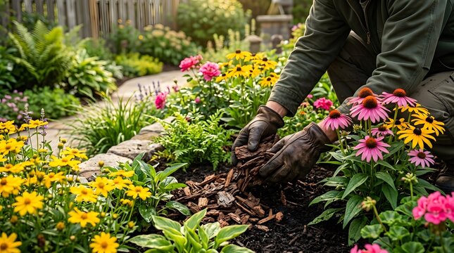 Homeowner mulching a flower border with lavender and roses. Concept of sustainable gardening, ecological soil care, and domestic leisure activity. Bright and sunny outdoor garden setting