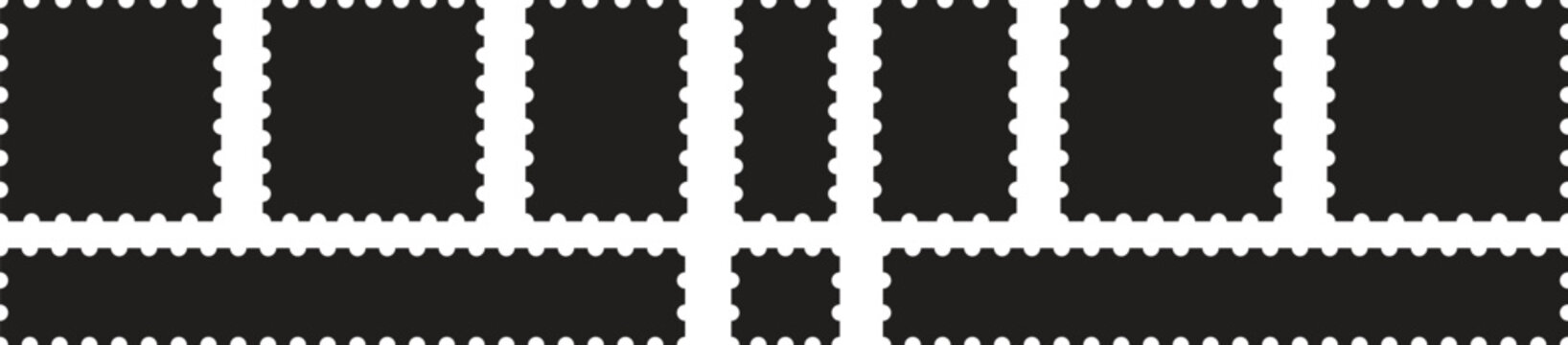 Black retro stamp silhouette collection. Postage stamp set. Mockup postage stamps. Blank postage stamp borders templates.