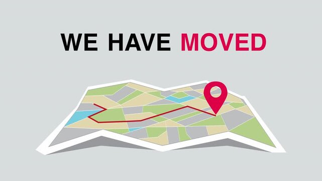 Company Relocation with Map Route. We Have Moved Animation