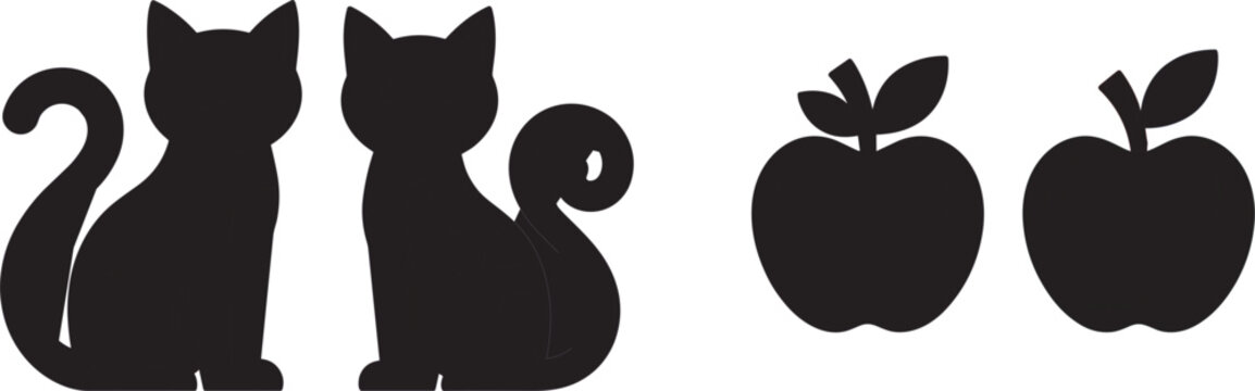Colorful pop art vector illustration featuring patterned cartoon cats and apples isolated on a white background.