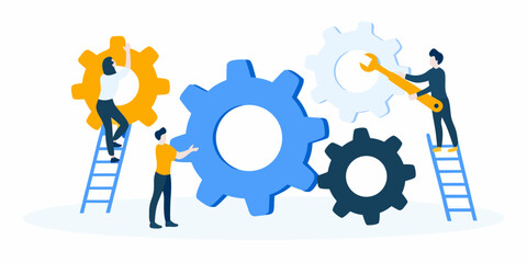 people working with gears in memphis style illustration © Ranu