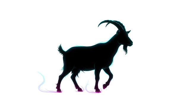 Minimalist goat silhouette on white background, black farm animal profile with horns, side view of a standing billy goat with subtle neon glow accents