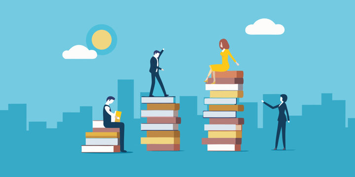 people climbing book stacks in flat design illustration