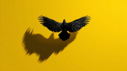Fototapeta premium Majestic Black Bird in Flight Against Yellow Background