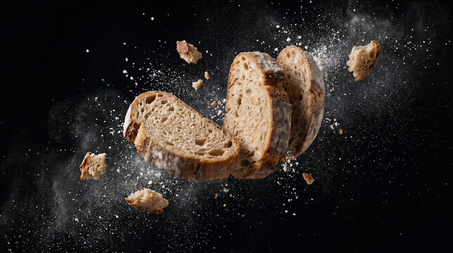 Freshly baked bread loaf breaking apart with crumbs scattering on dark background