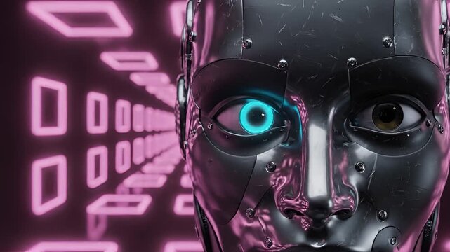 Close up of a futuristic robot face with glowing blue eye and digital background.