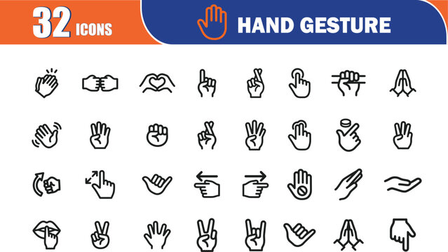 Hand gesture icon collection. Various hand-shaped line icon sets. Included icons as fingers interaction, pinky swear, forefinger point, greeting, pinch, hand washing and more. editable stock.