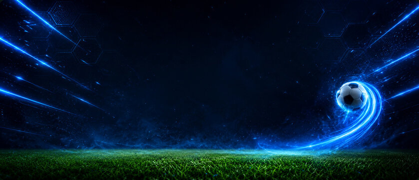Futuristic Soccer Ball with Electric Blue Motion Trail and Hexagon Background