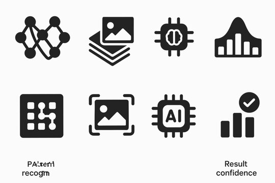 AI Vision Icon Set. AI vision analysis. Filled icon set of AI vision analysis: neural network, image tensor,
