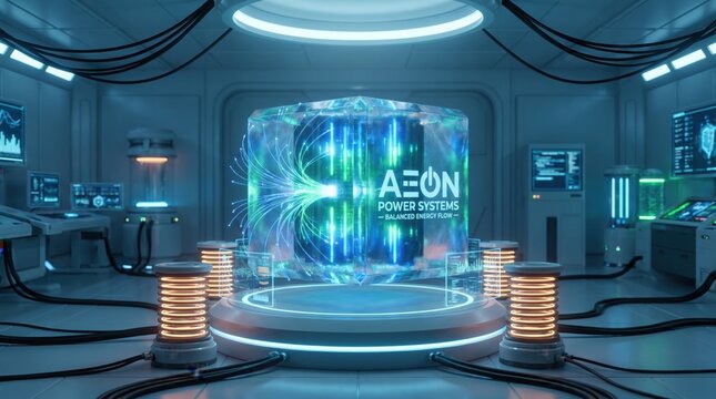 A futuristic laboratory with glowing screens and machinery displays the AEON POWER SYSTEMS logo.