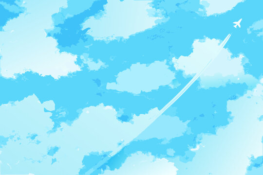 airplane in watercolor sky blue clouds and contrails