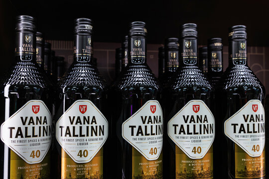 Helsinki, Finland, March 24th 2025. Vana tallinn liqueur bottles duty free store shelf. Estonian alcoholic beverage in branded glass bottles with labels

