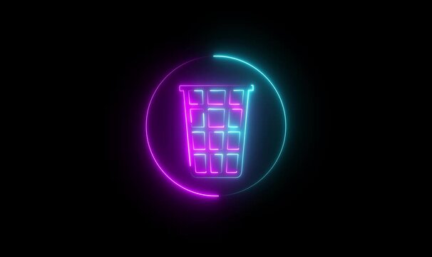 Neon Recycle Icon Animation On Black Background. Loop Animation Of Recycle Bin, simple round circle recycle bin icon animation. Black background 4k video.