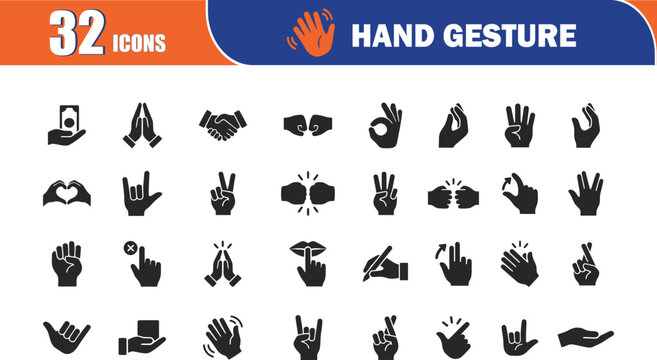 Hand gesture icon collection. Various hand-shaped icon sets. Included icons as fingers interaction, pinky swear, forefinger point, greeting, pinch, hand washing and more. editable stock.