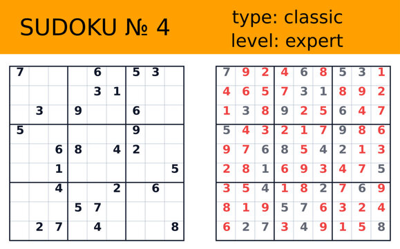 Classic expert sudoku worksheet number four with puzzle grid solution panel orange header black layout for printable brain training logic challenge educational numeracy activity resource