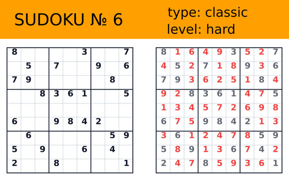 Classic hard sudoku worksheet number six with puzzle grid solution panel orange header black layout for printable brain training logic challenge educational numeracy activity resource