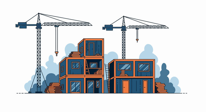 Modern Construction Site Depicting Container Homes Under Development with Two Crane Structures