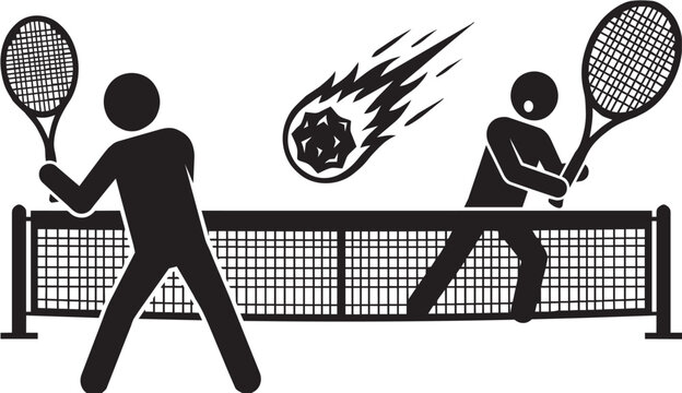 Funny conceptual vector illustration of stick figures playing tennis with a burning meteor instead of a ball.