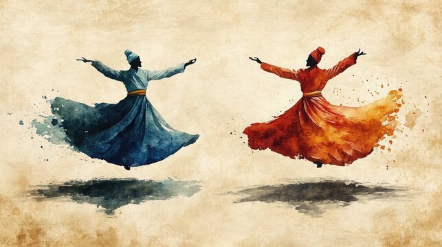 Watercolor illustration of whirling dervish dancers
