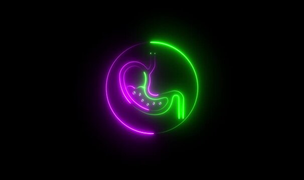 Glowing cyan stomach icon for digestive system and medical health visualization, liver icon animation on black background. neon line A human Digestion Stomach Royalty.