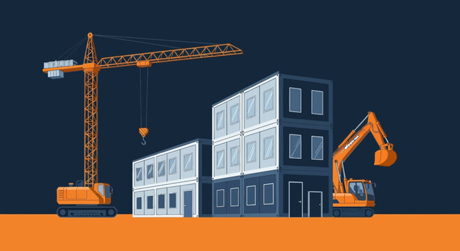 Modern Construction Site Depicting Industrial Machinery Alongside Sustainable Modular Buildings