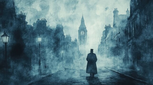 Moody watercolor Victorian street with clock tower