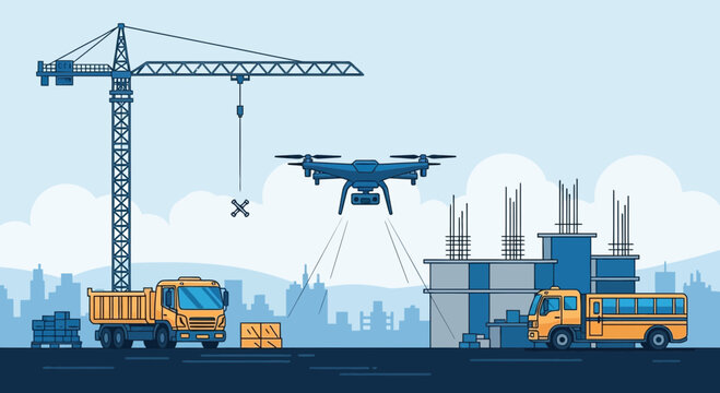 Modern Construction Site With Crane, Drone, Buildings, and Transportation Vehicles