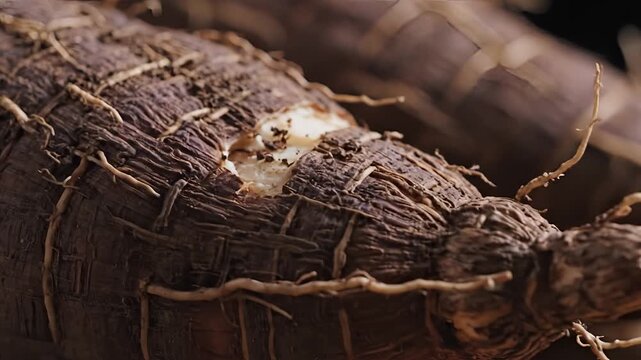 Closeup Macro Shot of Raw Cassava Roots with Textured Bark and Fine Hairs.