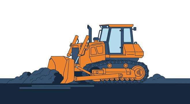 Orange Bulldozer Clearing Earth, Construction Machine, Isolated on White Background