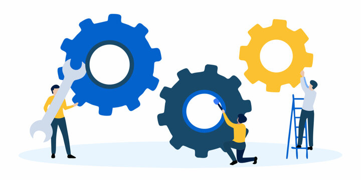 gears and people illustration corporate memphis style on white background