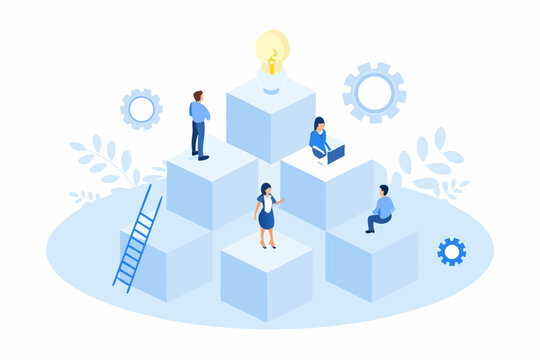 isometric illustration of business people on stacked blocks with lightbulb