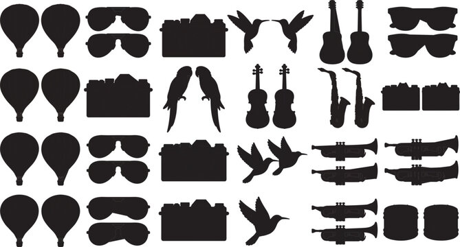 Large black silhouette vector icon collection featuring lifestyle travel objects hot air balloons fashion sunglasses photo cameras wild birds musical instruments guitars violins trumpet drum elements,