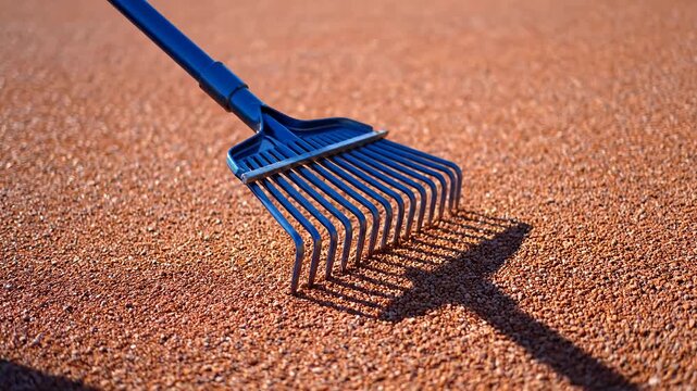Close up of a blue rake casting a shadow on a textured surface