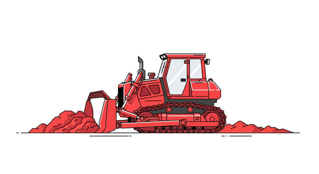 Red Bulldozer Excavating Earth: Construction Machinery Graphic and Isolated Design