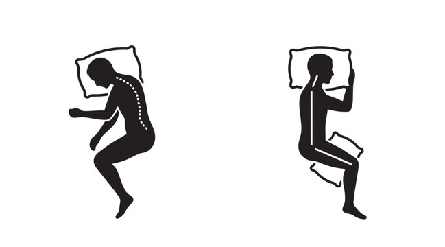 Silhouette vector illustration showing correct and incorrect side sleeping positions with pillows for proper spinal alignment and back pain prevention.