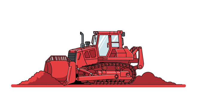 Red Bulldozer Illustration Clearing Earth With Tracked Movement on White Background