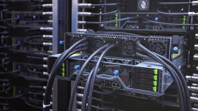 Slow motion close-up of computer hardware and server components displayed, technology