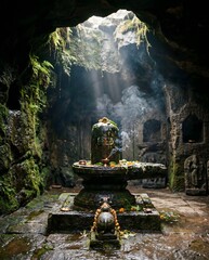 Obraz premium Ancient Shiva lingam inside sacred moss cave with smoke