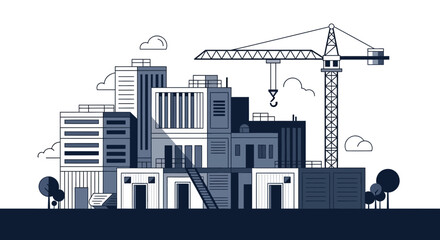 Obraz premium Urban Construction Illustration Featuring Buildings And A Crane In Modern Monochromatic Style