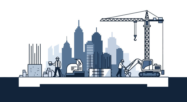 Urban Construction Illustration: Buildings And Builders Working On New City Infrastructure