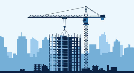 Obraz premium Urban Construction Site: Crane Building a Modern Skyscraper in a Cityscape Under Construction